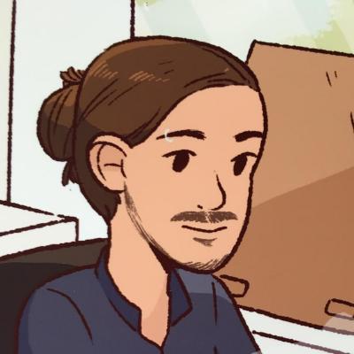 a cartoon illustration of me smiling. I have brown hair wrapped up in a bun and a short goatee